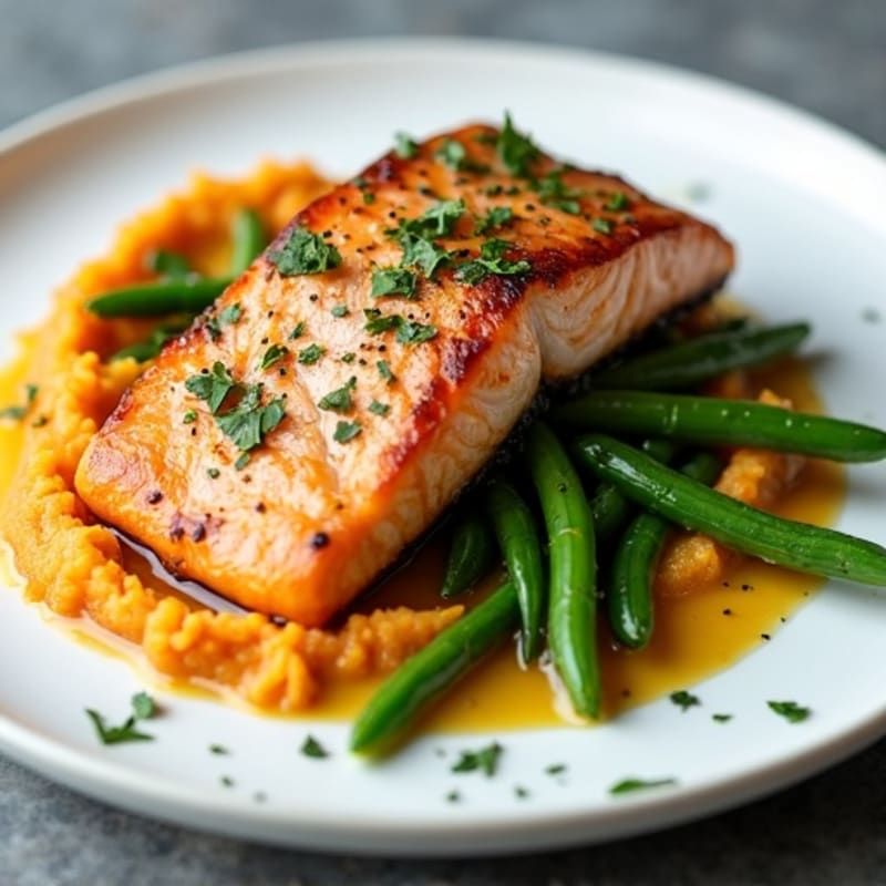Seared Salmon with Garlic Green Beans and Sweet Potato Mash