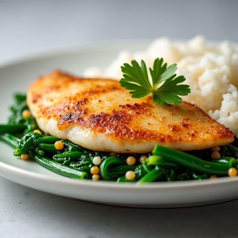 Seared Tilapia with Garlic Sauteed Kangkong and White Rice