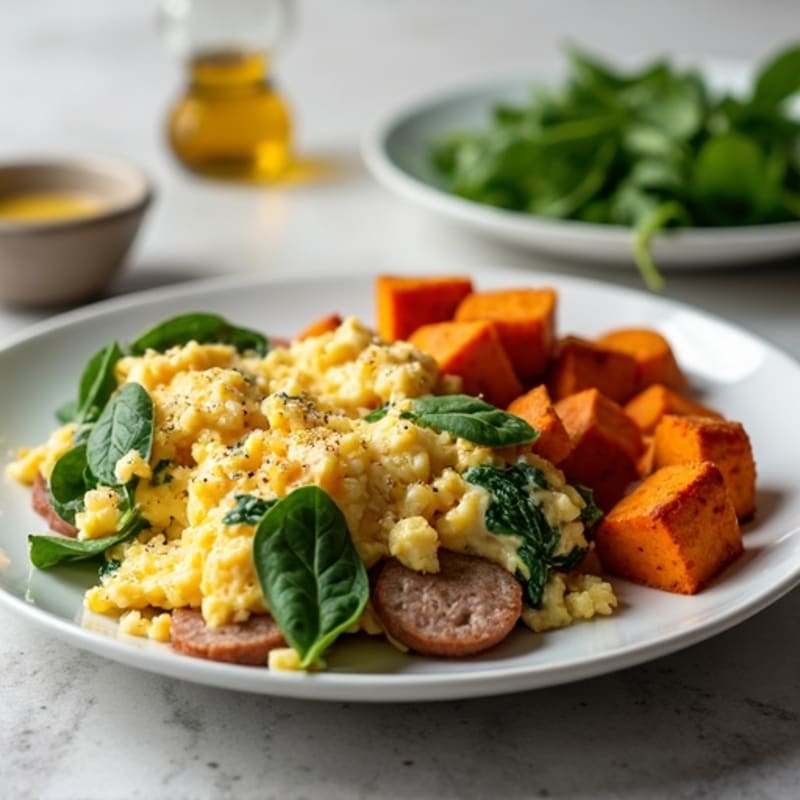 Egg White and Turkey Sausage Scramble with Spinach and Roasted Sweet Potato