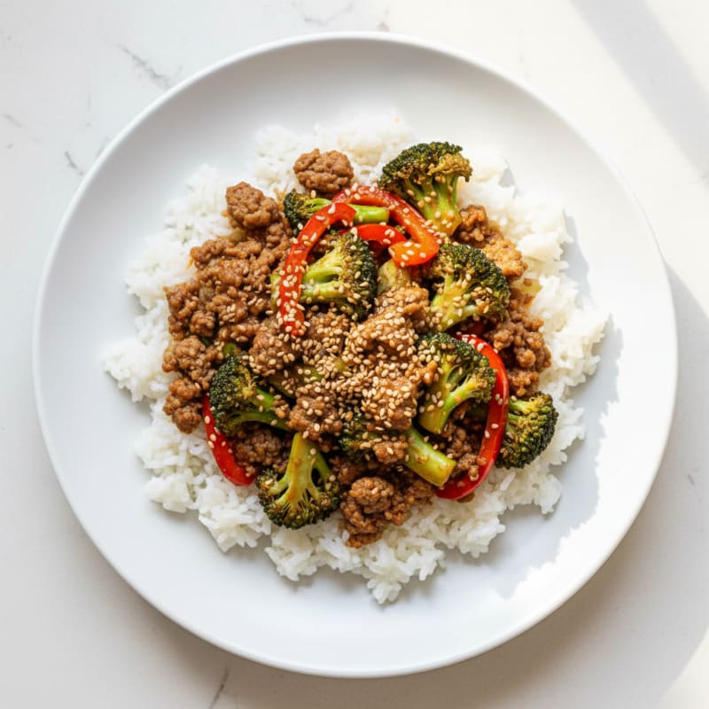 Ground Beef and Vegetable Stir-Fry with Steamed Jasmine Rice