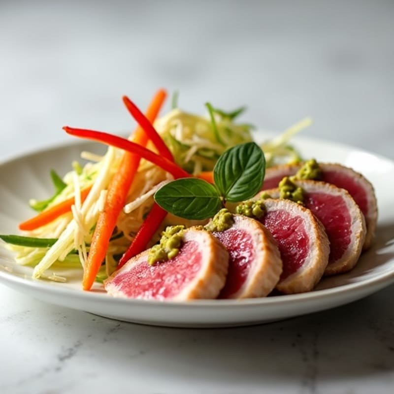 Seared Ahi Tuna with Creamy Wasabi Mayo and Crisp Vegetable Slaw