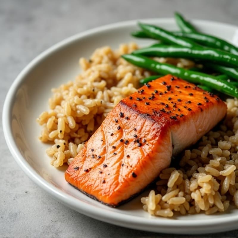 Seared Salmon Fillet with Garlic Green Beans and Brown Rice