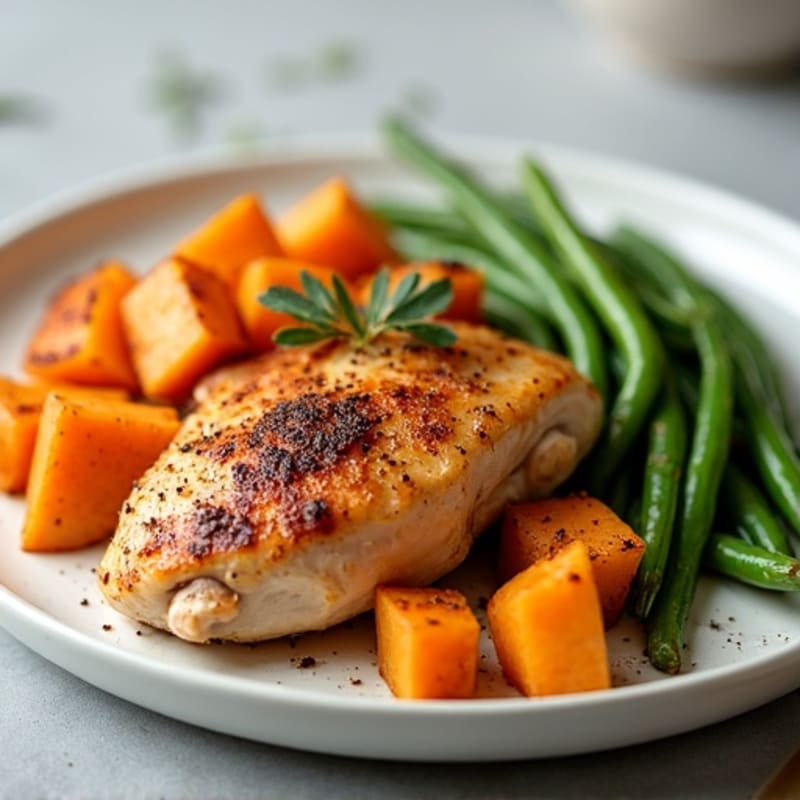 Cinnamon Apple Roasted Chicken with Sweet Potatoes and Green Beans