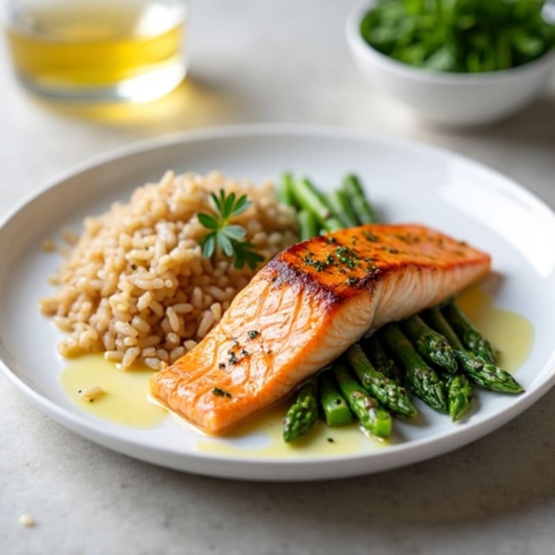 Seared Salmon with Steamed Asparagus and Brown Rice