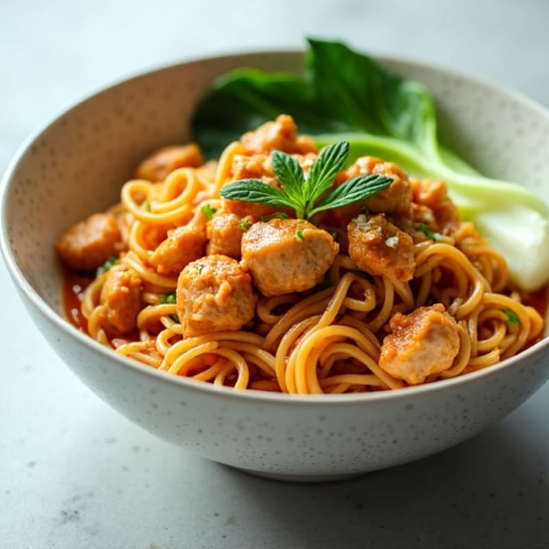 Spicy Ground Chicken Noodles with Creamy Peanut-Sesame Sauce and Fresh Bok Choy