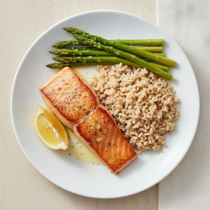 Seared Salmon with Steamed Asparagus and Brown Rice