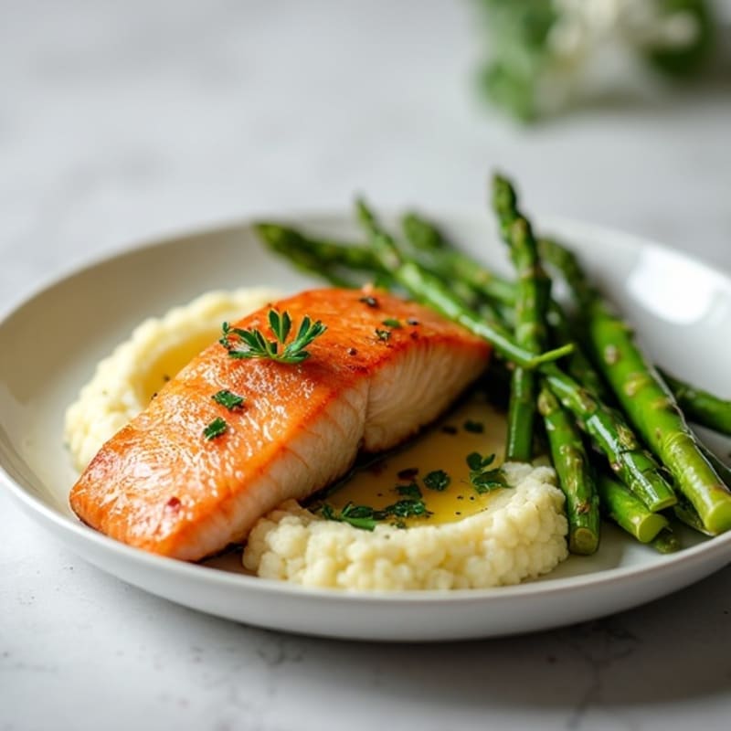 Seared Salmon with Steamed Asparagus and Garlic Mashed Cauliflower