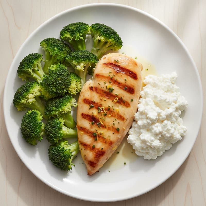 Grilled Chicken Breast with Steamed Broccoli and Cottage Cheese