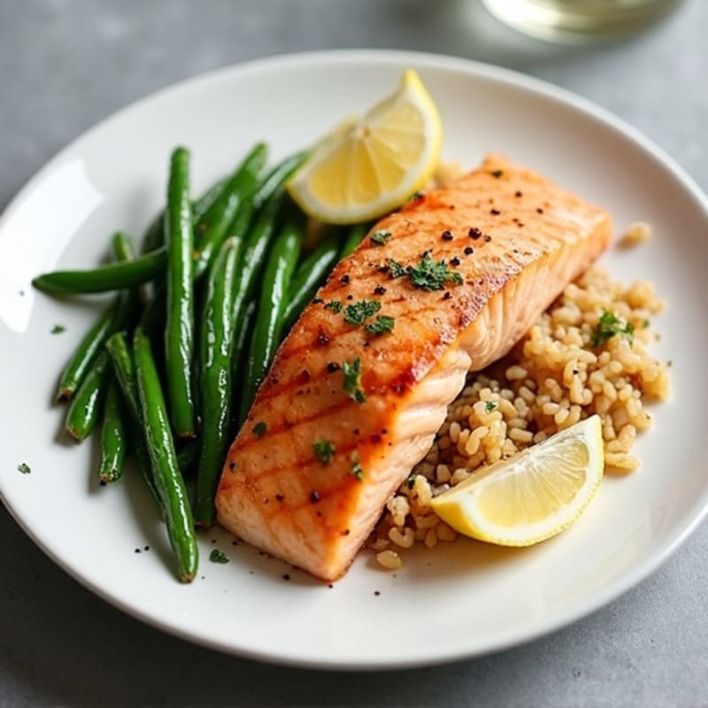 Seared Salmon Fillet with Garlic Green Beans and Brown Rice