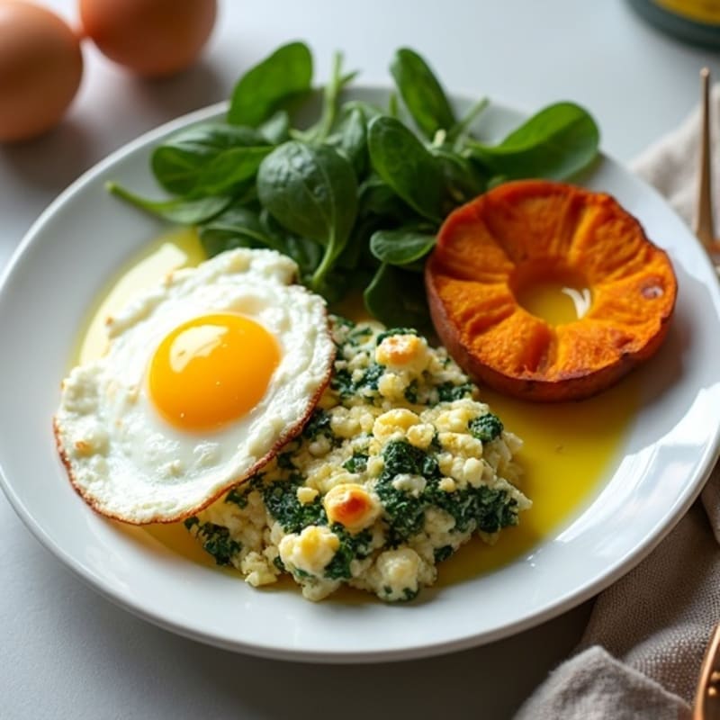 Cottage Cheese Scramble with Spinach and Roasted Sweet Potato