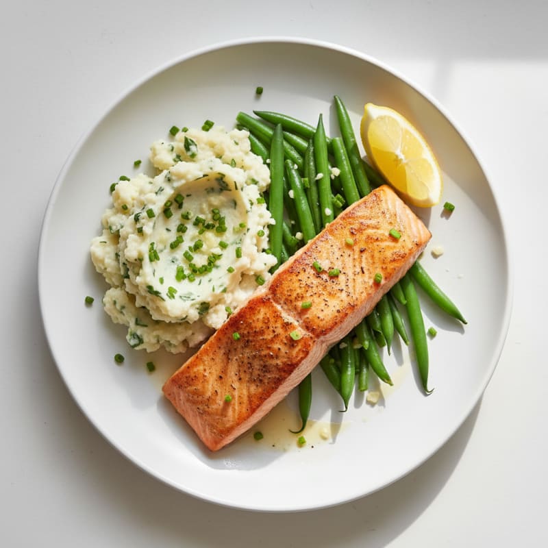 Seared Salmon Fillet with Steamed Green Beans and Herb-Cauliflower Mash