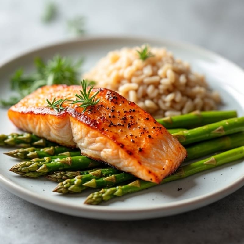 Seared Salmon Fillet with Steamed Asparagus and Brown Rice