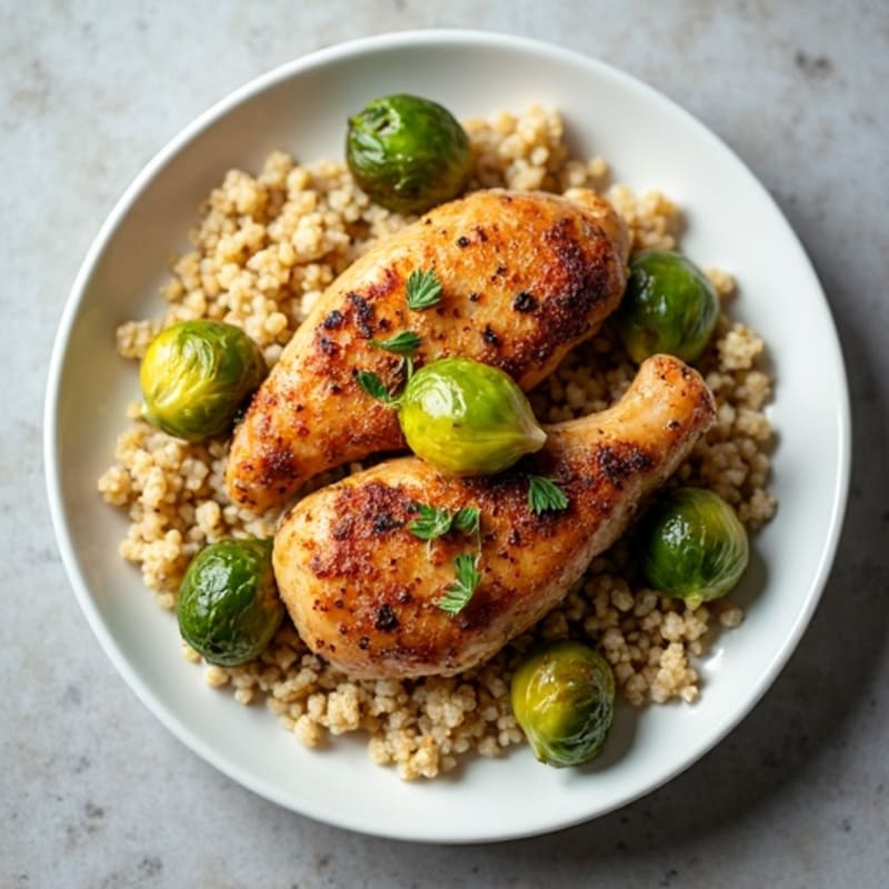 Crispy Roasted Brussel Sprouts with Lemon-Garlic Chicken and Quinoa