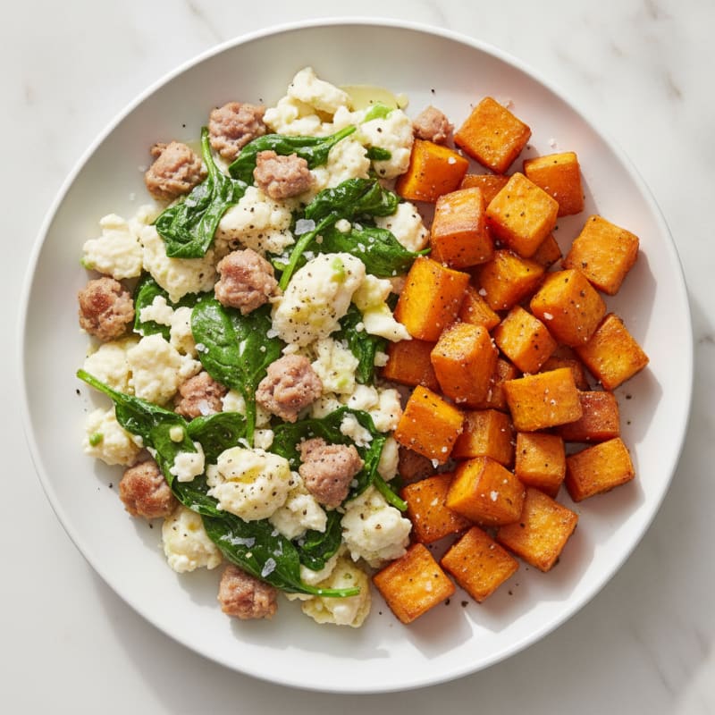 Egg White and Turkey Sausage Scramble with Spinach and Roasted Sweet Potatoes
