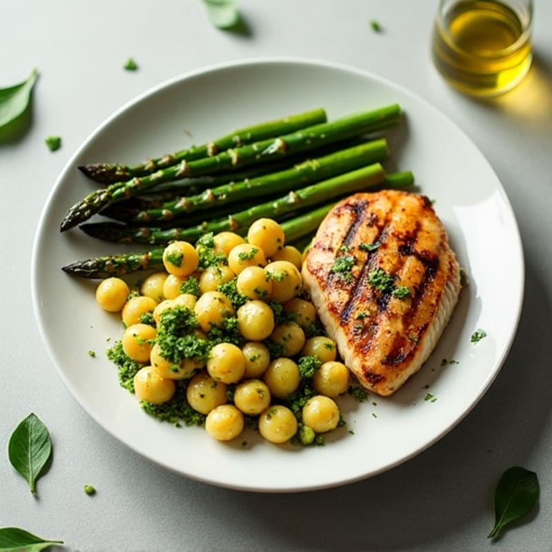 Crispy Pan-Seared Gnocchi with Fresh Basil Pesto and Roasted Asparagus with Grilled Chicken