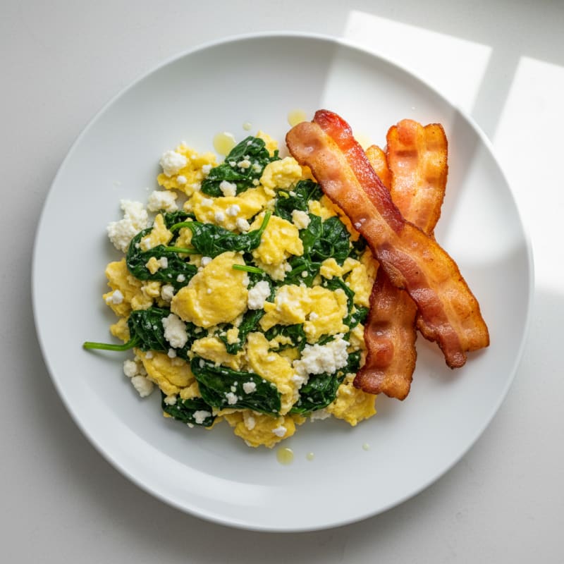 Cottage Cheese Egg Scramble with Spinach and Turkey Bacon