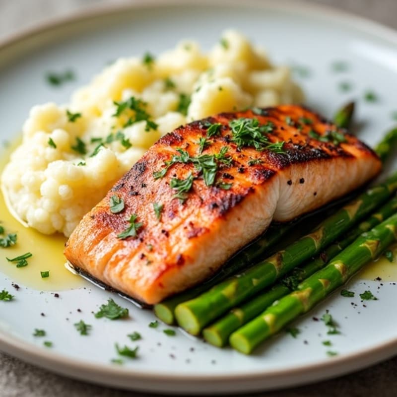 Seared Salmon Fillet with Steamed Asparagus and Cauliflower Mash