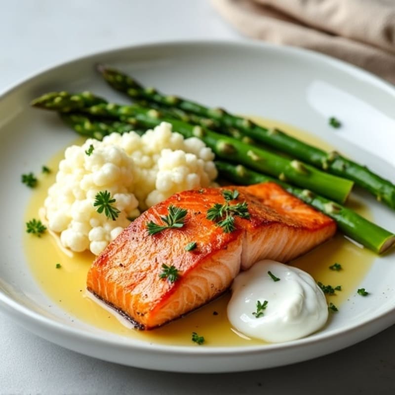 Seared Salmon with Steamed Asparagus and Cauliflower Mash