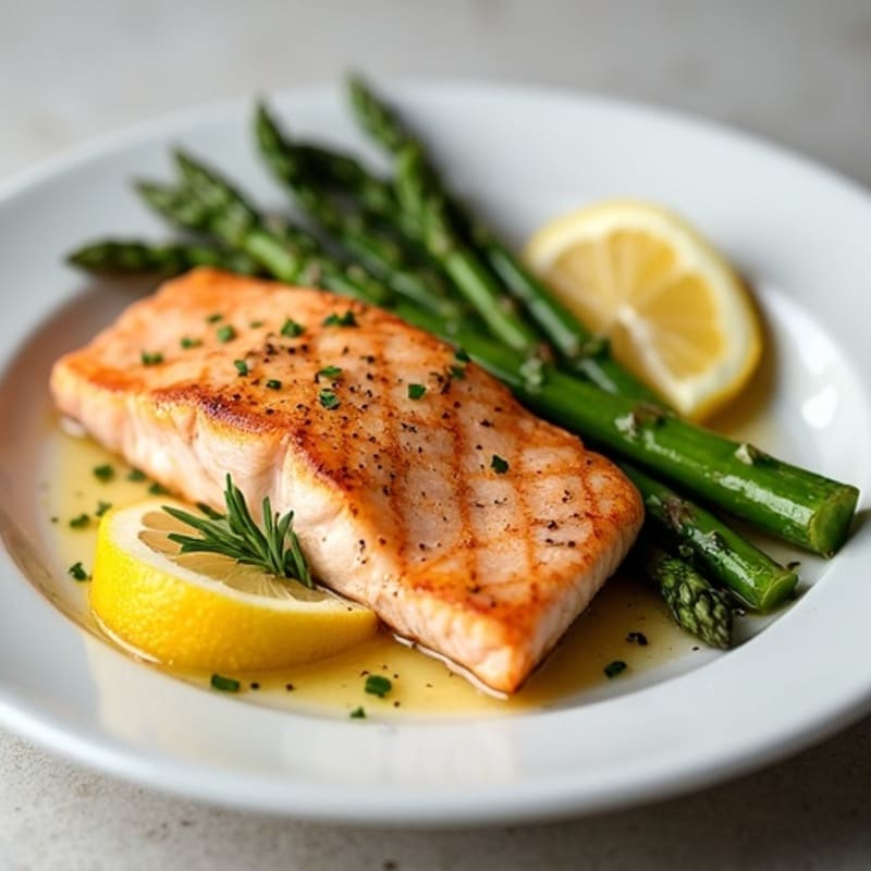 Seared Salmon Fillet with Roasted Asparagus and Lemon