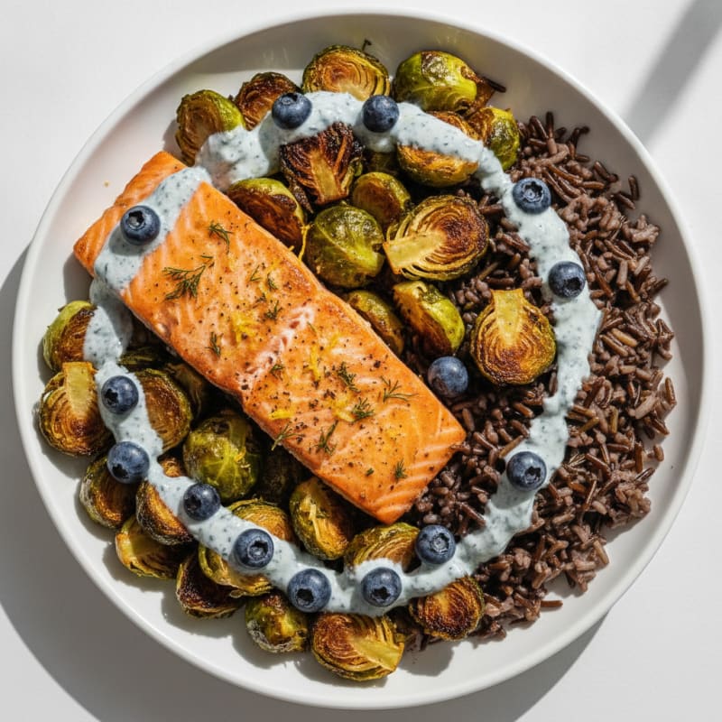 Herb-Roasted Salmon with Roasted Brussels Sprouts and Wild Rice