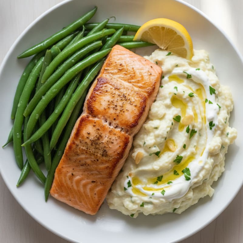 Seared Salmon with Steamed Green Beans and Garlic Mashed Cauliflower