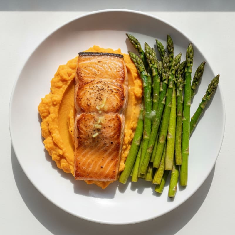 Seared Salmon with Roasted Asparagus and Sweet Potato Mash