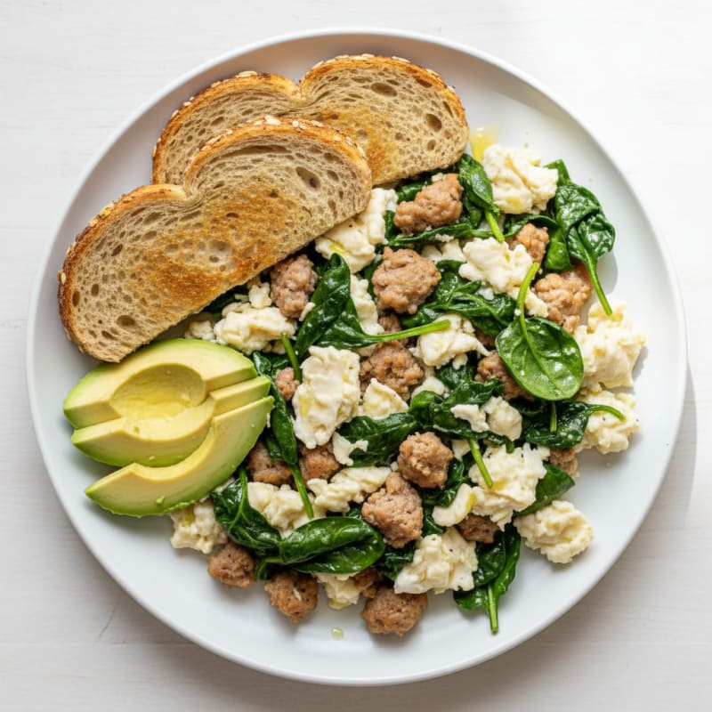 Egg White and Turkey Sausage Scramble with Sautéed Spinach