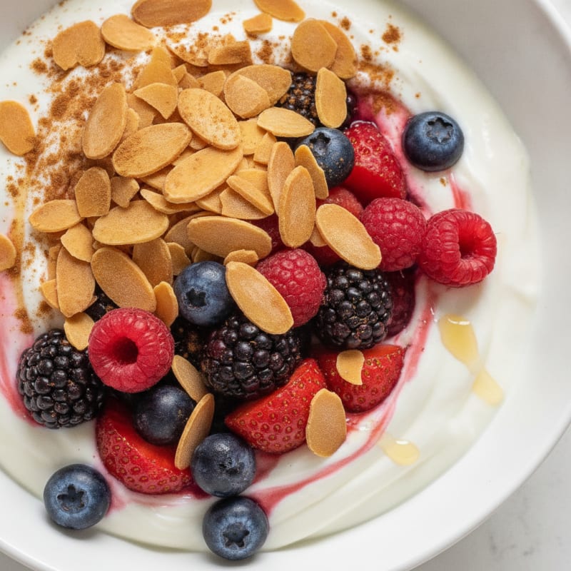 Greek Yogurt Protein Parfait with Mixed Berries and Almonds