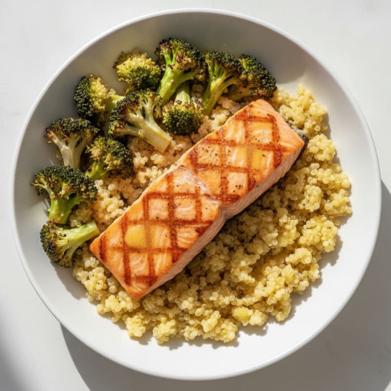 Seared Salmon with Roasted Broccoli and Lemon Quinoa