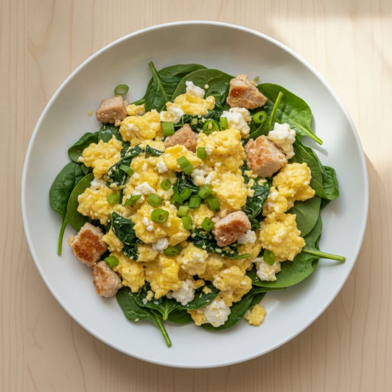 Cottage Cheese Egg Scramble with Wilted Spinach and Sautéed Turkey