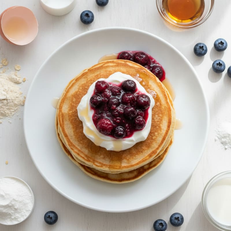 Fluffy Protein Pancakes with Greek Yogurt and Berry Compote