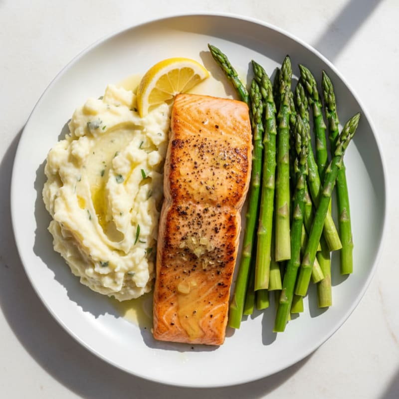 Seared Salmon with Steamed Asparagus and Garlic Mashed Potatoes
