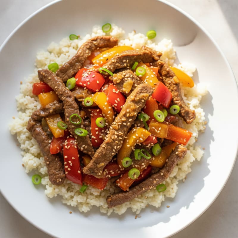 Lean Beef Stir Fry with Bell Peppers and Cauliflower Rice