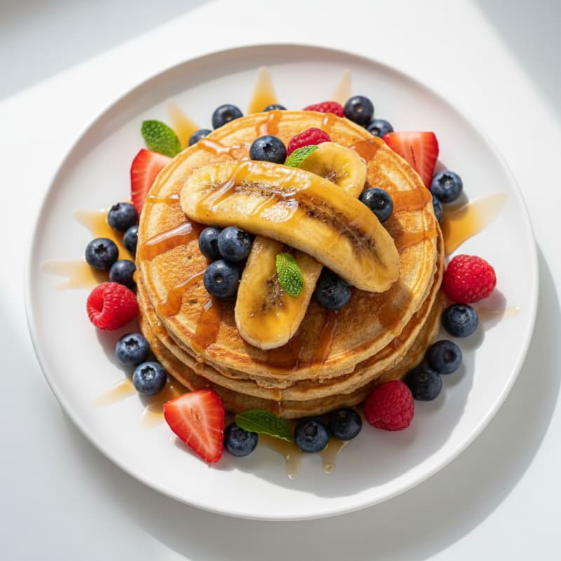 Golden Caramelized Banana Pancakes with Berries