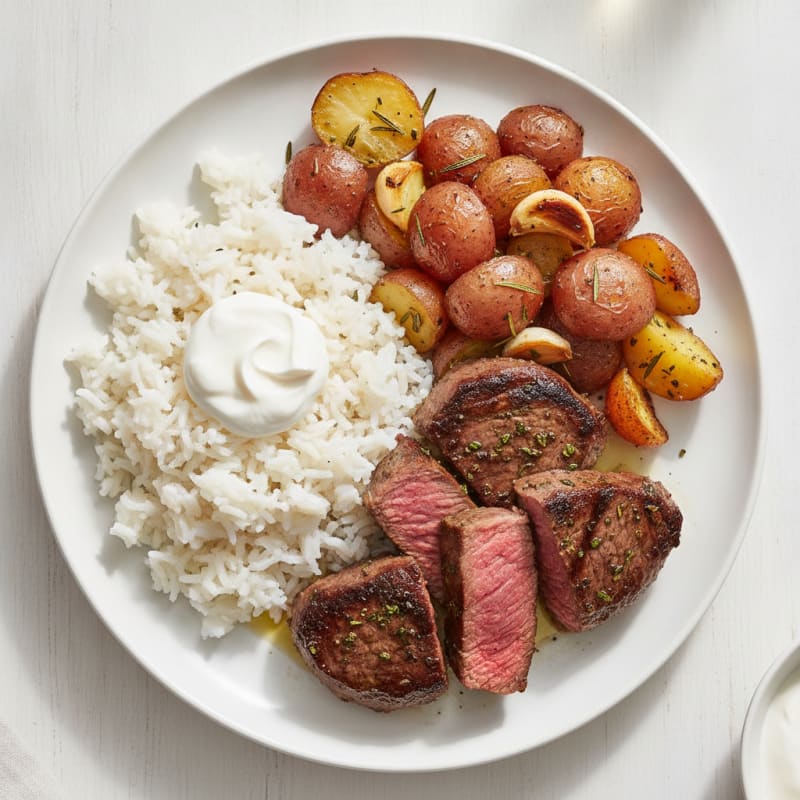 Herb-Seared Beef with Roasted Potatoes and Steamed Rice