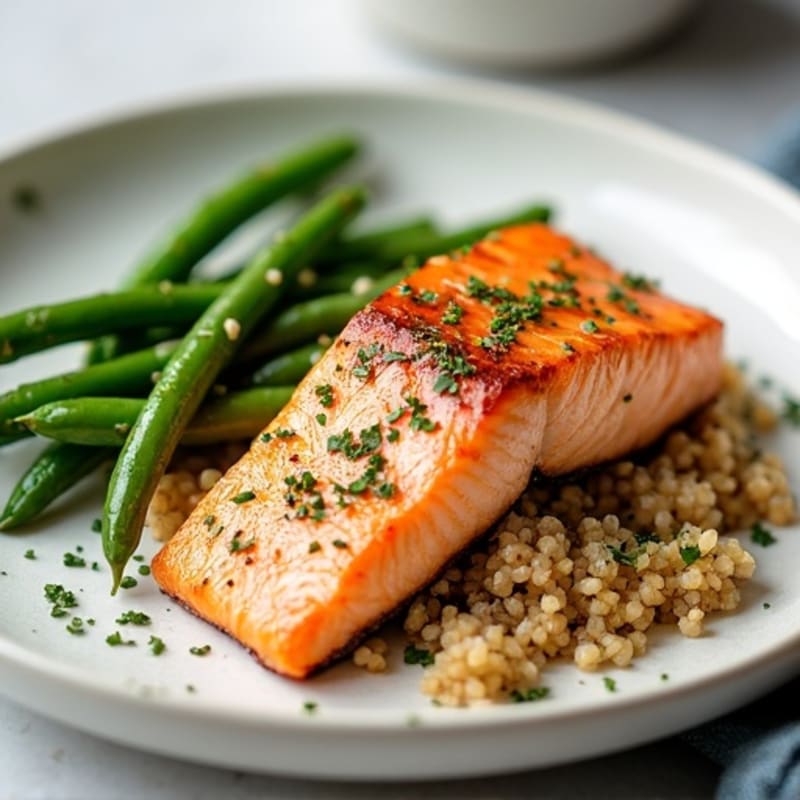 Seared Salmon Fillet with Garlic Green Beans and Quinoa