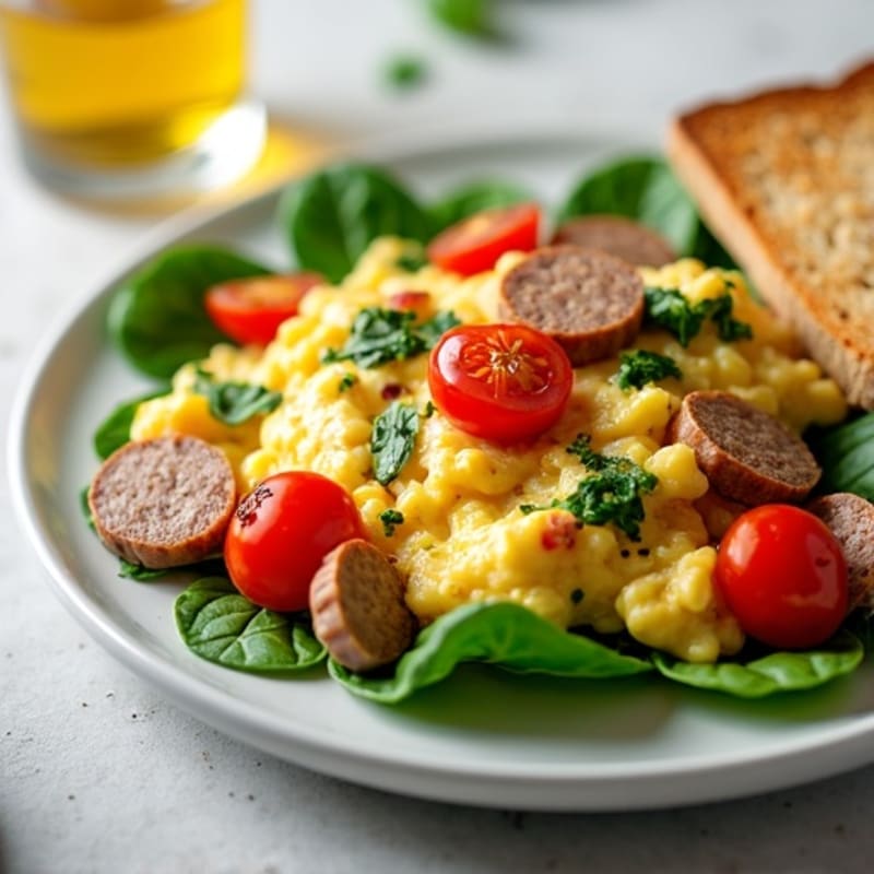 Egg White and Turkey Sausage Scramble with Spinach and Cherry Tomatoes