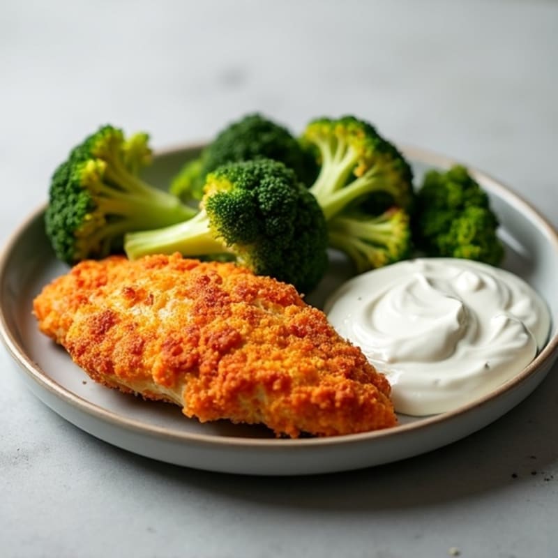 Crispy Baked Buffalo Chicken with Roasted Broccoli and Creamy Ranch Dip