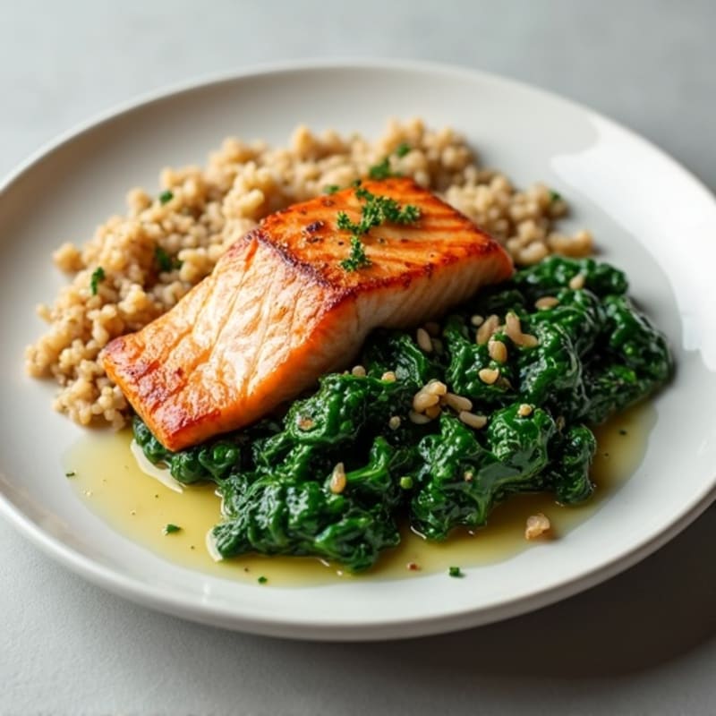 Seared Salmon with Creamy Garlic Spinach and Brown Rice