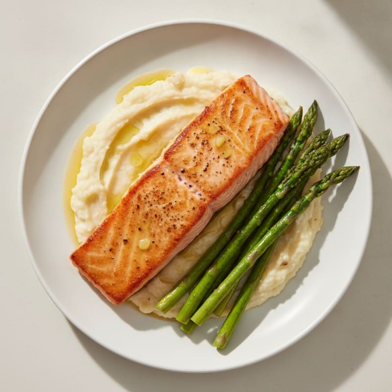 Seared Salmon Fillet with Roasted Asparagus and Cauliflower Mash