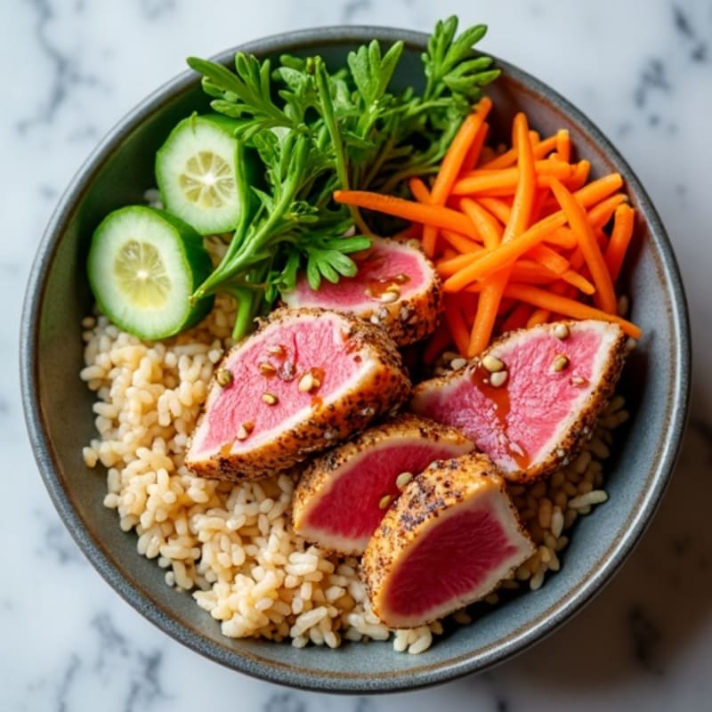 Fresh Ahi Tuna Sesame Soy Bowl with Brown Rice and Crisp Vegetables