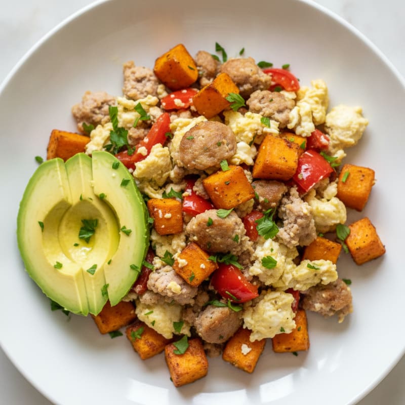 Egg White and Turkey Sausage Scramble with Roasted Sweet Potatoes