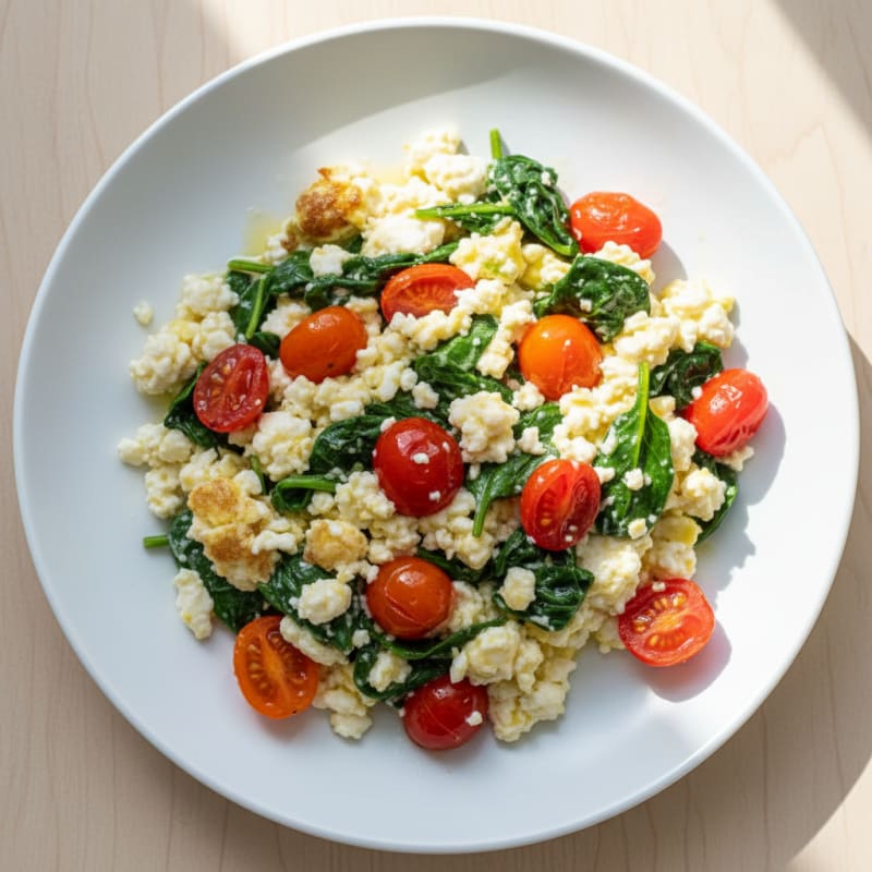 Cottage Cheese Egg Scramble with Spinach and Tomatoes