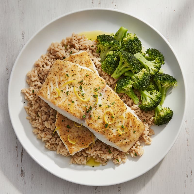 Baked Cod with Steamed Broccoli and Brown Rice