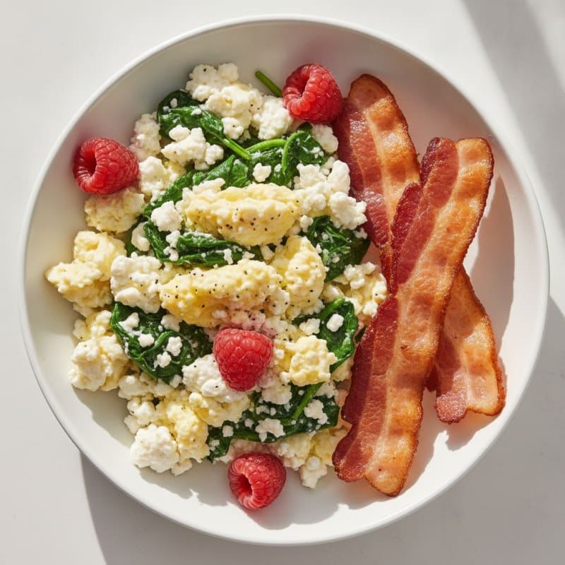 Cottage Cheese Scramble with Spinach and Turkey Bacon
