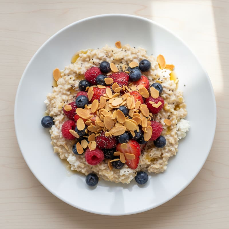 Creamy Cottage Cheese Oats with Mixed Berries and Almonds