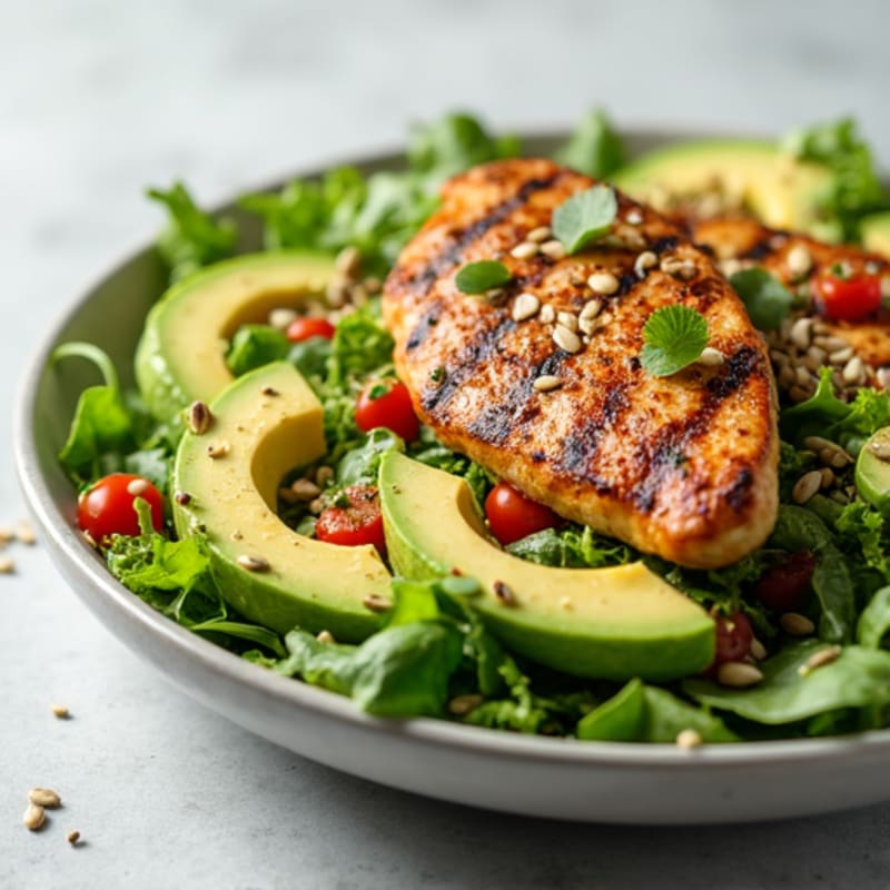 Grilled Chicken and Avocado Salad with Crunchy Seeds