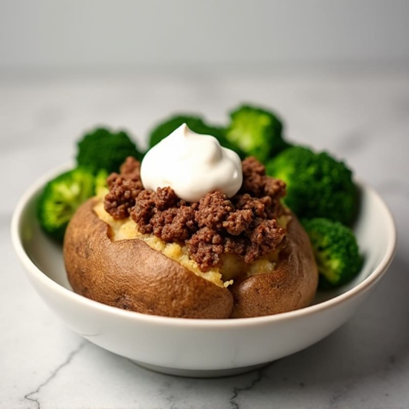 Fluffy Baked Potato with Lean Ground Beef, Steamed Broccoli, and Creamy Greek Yogurt