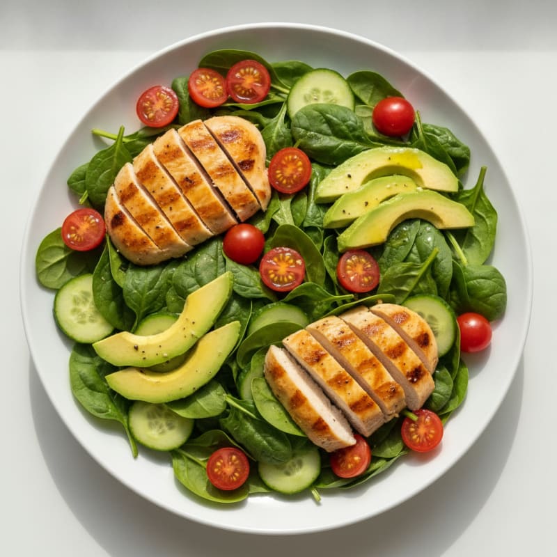 Grilled Chicken Spinach Salad with Cherry Tomatoes