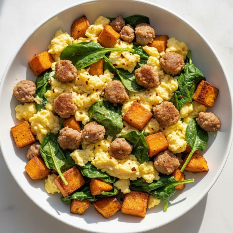 Scrambled Egg and Turkey Sausage Bowl with Spinach and Sweet Potato